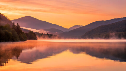 Fototapeta premium Golden sunrise over misty lake reflecting serene mountain layers and lush forest.