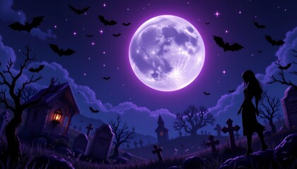 This image portrays a spooky Halloween night scene with a full moon illuminating a graveyard landscape