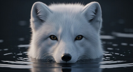  Close-up of a vigilant adult arctic fox with thick pure white fur and soft fluffy texture emerging from dark murky water, sharp dark eyes, and dramatic lighting highlighting its keen and intense expr