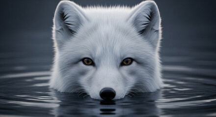 Close-up of a vigilant adult arctic fox with thick pure white fur and soft fluffy texture emerging from dark murky water, sharp dark eyes, and dramatic lighting highlighting its keen and intense expr
