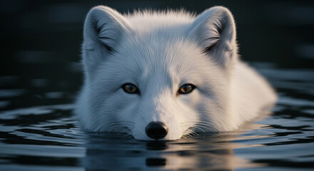  Close-up of a vigilant adult arctic fox with thick pure white fur and soft fluffy texture emerging from dark murky water, sharp dark eyes, and dramatic lighting highlighting its keen and intense expr