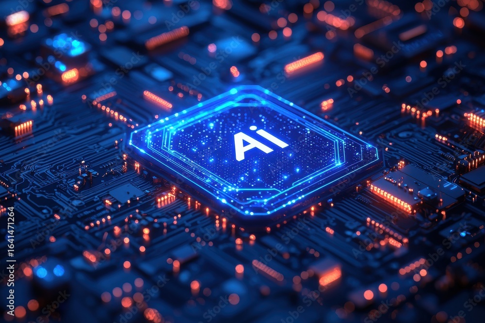 Poster futuristic ai processor chip on a high-tech circuit board