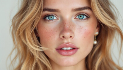 Fototapeta premium Close-up of a 22-year-old Caucasian woman with blonde wavy hair and freckles on white background. 