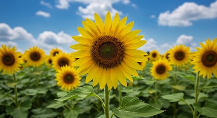 Fototapeta premium Vibrant Sunflowers in a Summer Field Under a Cloudy Sky