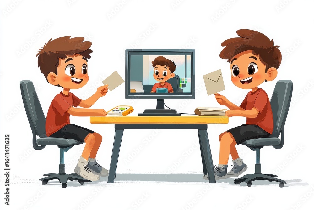 Poster two boys studying and communicating using a computer at a shared desk