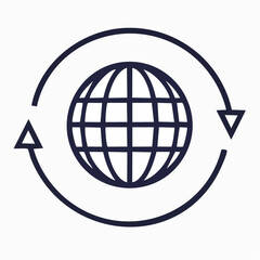 Vector icon of a globe with a circular arrow, symbolizing global rotation, worldwide reach, and international business concepts.