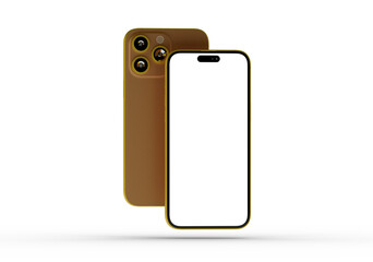 High-quality image of a gold smartphone mockup with a blank screen. Perfect for app presentations or website designs.