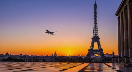 Eiffel Tower Sunrise in Paris with Airplane Taking Off Against Beautiful Sky and Cityscape