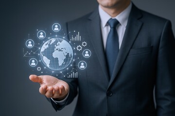 Obraz premium Global Business Network Concept: Businessman Holding Globe Hologram Representing International Connections and Digital Transformation