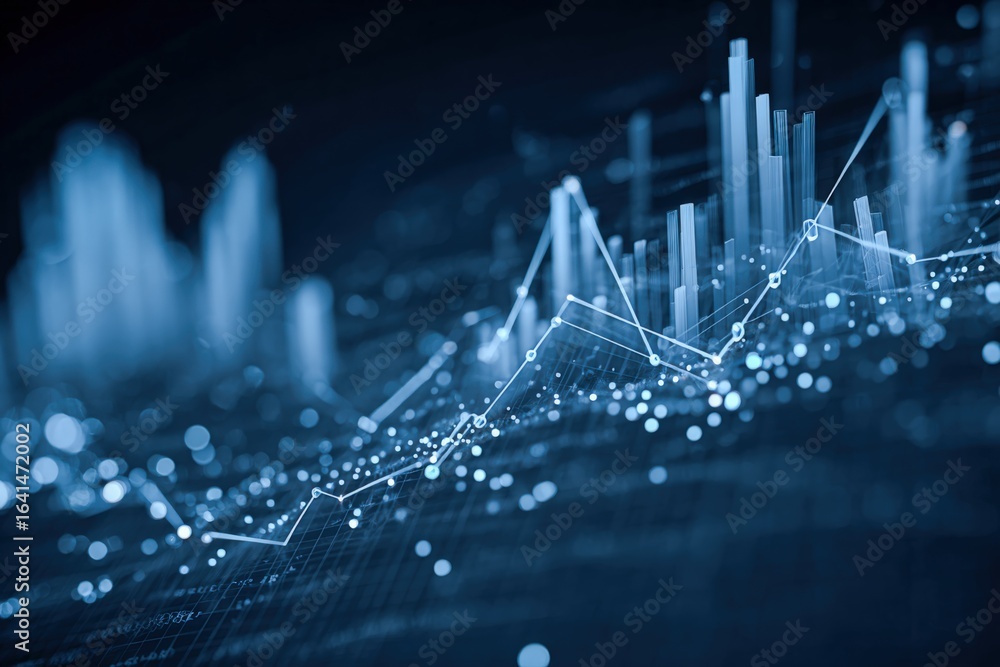 Poster abstract financial data visualization: blue graph, chart, and bar elements for business analytics