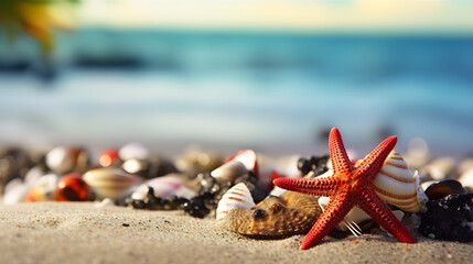 A starfish and seashells on a sandy beach with a blurred ocean background.