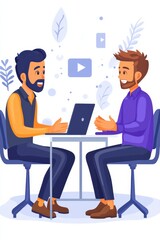 Professional business discussion between two colleagues in a modern, animated style