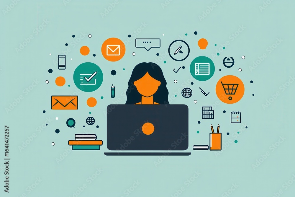 Poster flat illustration of multitasking professional working on online tasks and communication