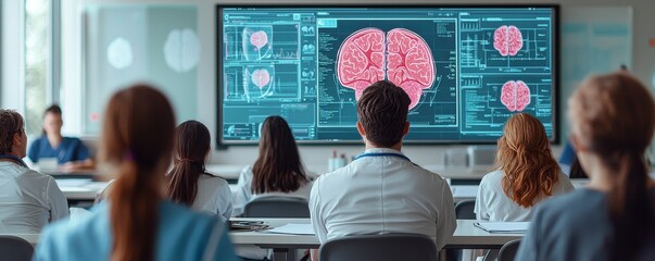 Medical team attending a presentation on brain imaging in a classroom setting
