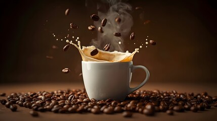 Fresh Hot Coffee with Roasted Beans and Milk Splash on Light Brown Background











