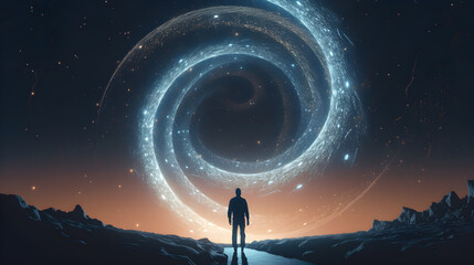 A lone figure stands on a rocky, barren landscape, gazing at a vast, swirling galaxy in the distance.