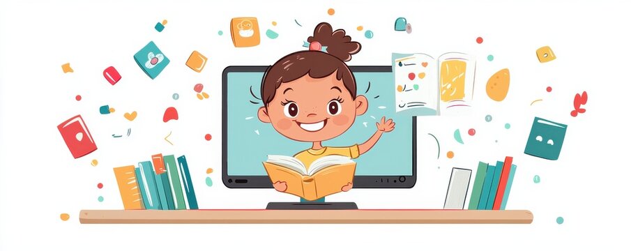 Happy child reading a book with digital learning elements surrounding - Powered by Adobe