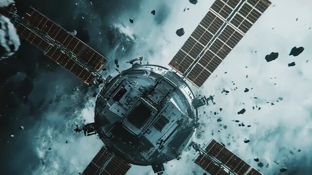 Space station surviving asteroid field in deep space