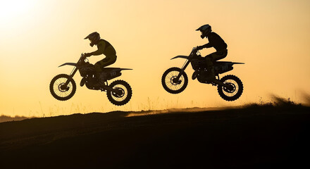 Two silhouetted dirt bike riders mid-air against a golden sunrise or sunset sky.
