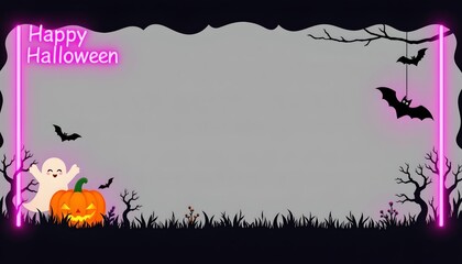 A Halloween themed scene with the message "Happy Halloween" prominently displayed. It features a cartoon bat flying across a backdrop that resembles a night sky