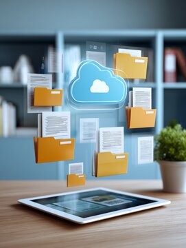 Digital and paper document folders organized on office desk with tablet display. Tablet on a desk with scanned documents displayed. Study Space for Online Learning, digital organization