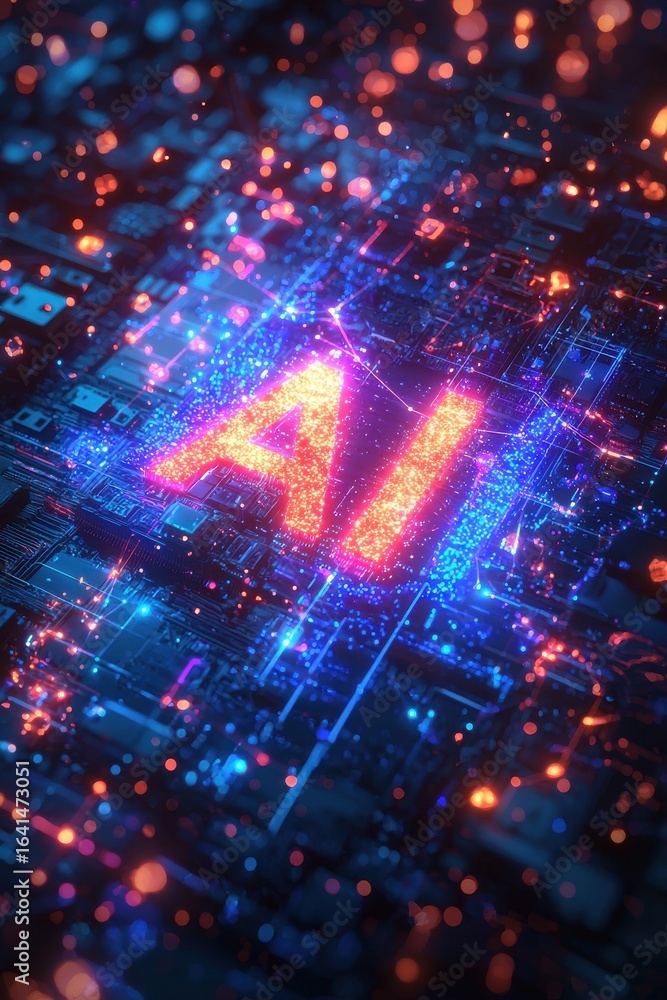 Poster vibrant artificial intelligence concept with glowing neon ai text on a circuit board