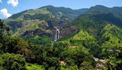Lush mountain landscape with waterfall
