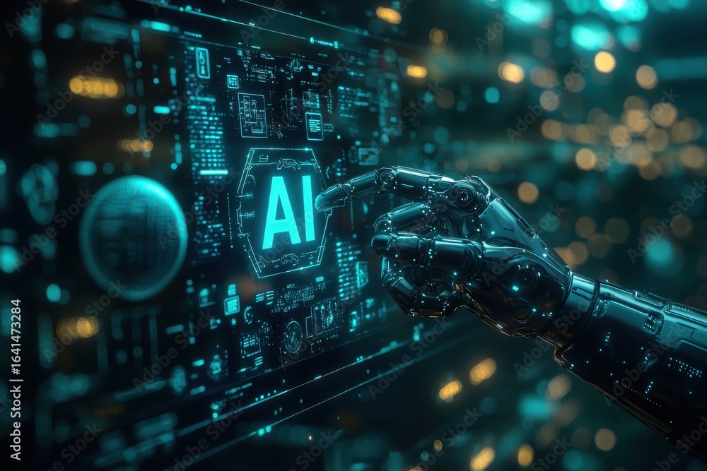 Poster robotic hand interacting with artificial intelligence system interface in futuristic setting