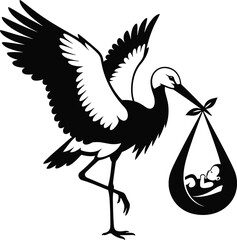 Black and white silhouette vector of a stork flying with a baby bundle, a classic graphic for birth announcement, baby shower, and nursery decor.