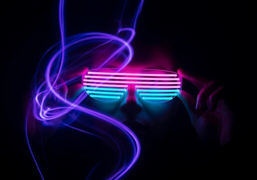 Closeup of a person wearing glowing neon shutter glasses in vibrant pink and blue, with swirling purple light trails against a dark background, evoking a futuristic party atmosphere