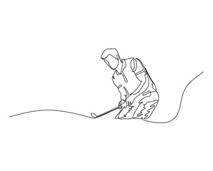 Continuous line drawing of a golfer squatting to aim. Precision and focus in minimalist sport design.