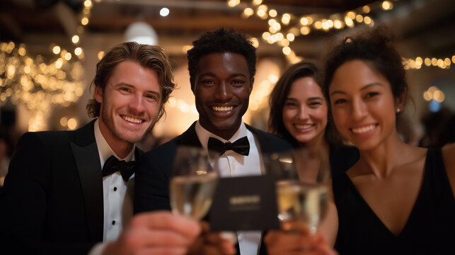 Charity Fundraiser Gala with Attendees Toasting and Donation Jar