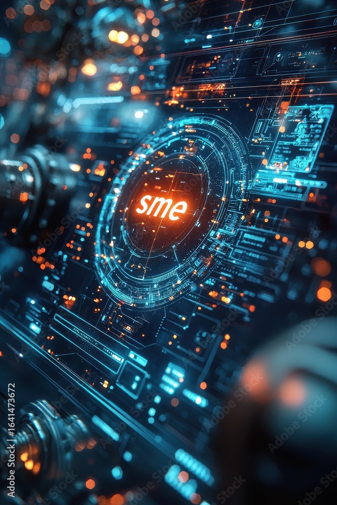 Poster futuristic technology interface display with glowing digital elements and text