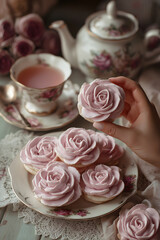 A close-up of rose-shaped cookies with pink frosting, arranged on vintage plates and set against the backdrop of an old-fashioned tea party setup complete with lace tablecloths.