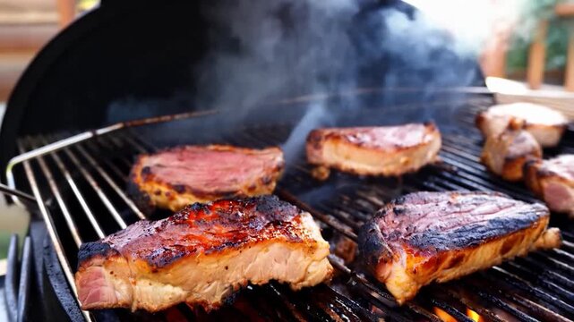 Delicious Grilled Steaks and Chops Sizzling on a Hot Grill