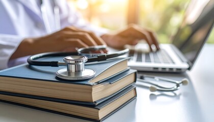 Doctor working on laptop, medical books and stethoscope on desk