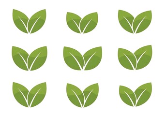 Collection of nine green leaf icons isolated on white background, symbolizing nature, growth, and organic concepts