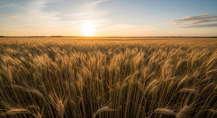 A golden wheat field stretches to the horizon under a soft, glowing sunset, creating a peaceful and picturesque rural landscape