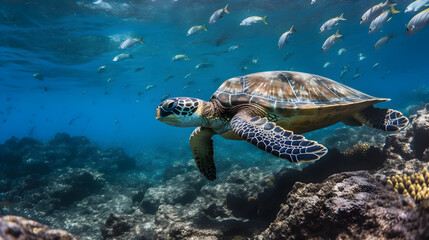 Fototapeta premium A green sea turtle swimming in clear blue water with a school of fish around it.