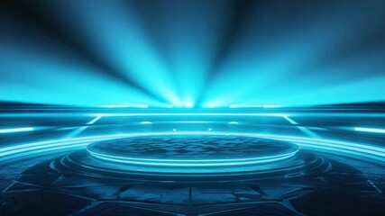 Futuristic blue platform with illuminated stage and dynamic light beams creating a modern tech presentation backdrop for product display or digital events