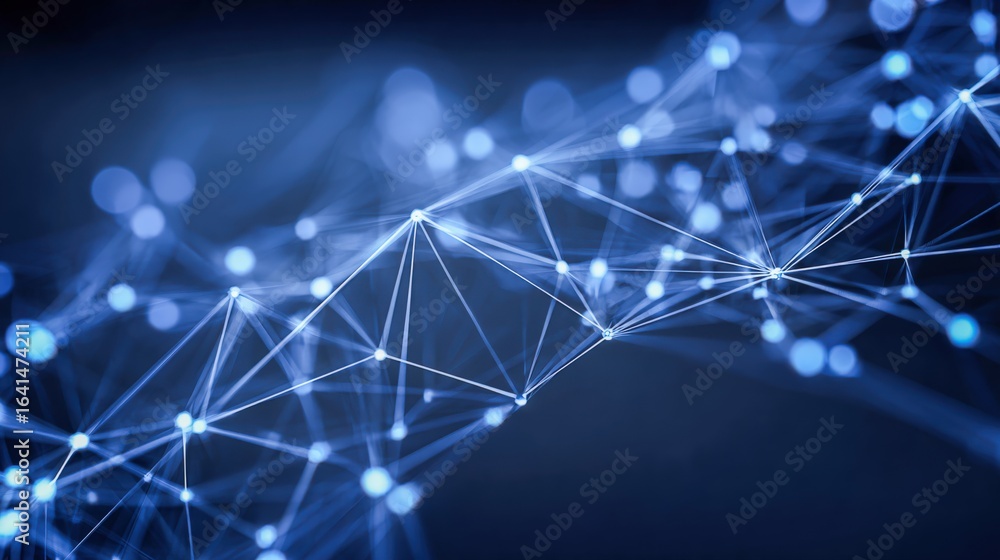 Poster abstract network connection structure with glowing nodes and lines on dark background