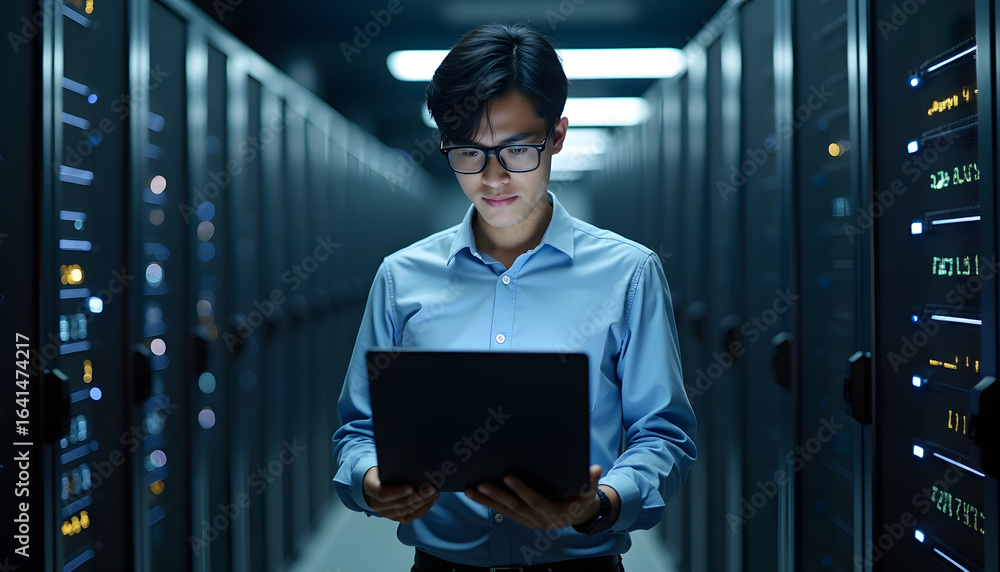 Poster a man works in a data center, managing server hardware using a laptop.