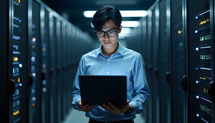 A man works in a data center, managing server hardware using a laptop.