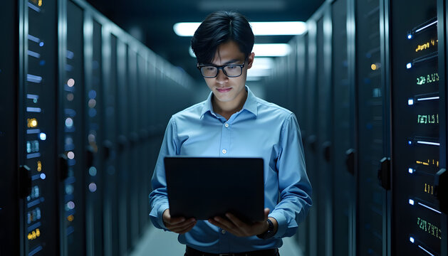 A man works in a data center, managing server hardware using a laptop. - Powered by Adobe