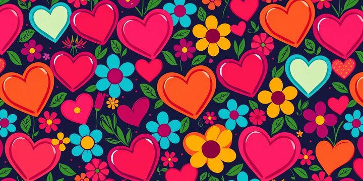 Vibrant seamless vector pattern of cartoon hearts & flowers,  sweet,  surface pattern