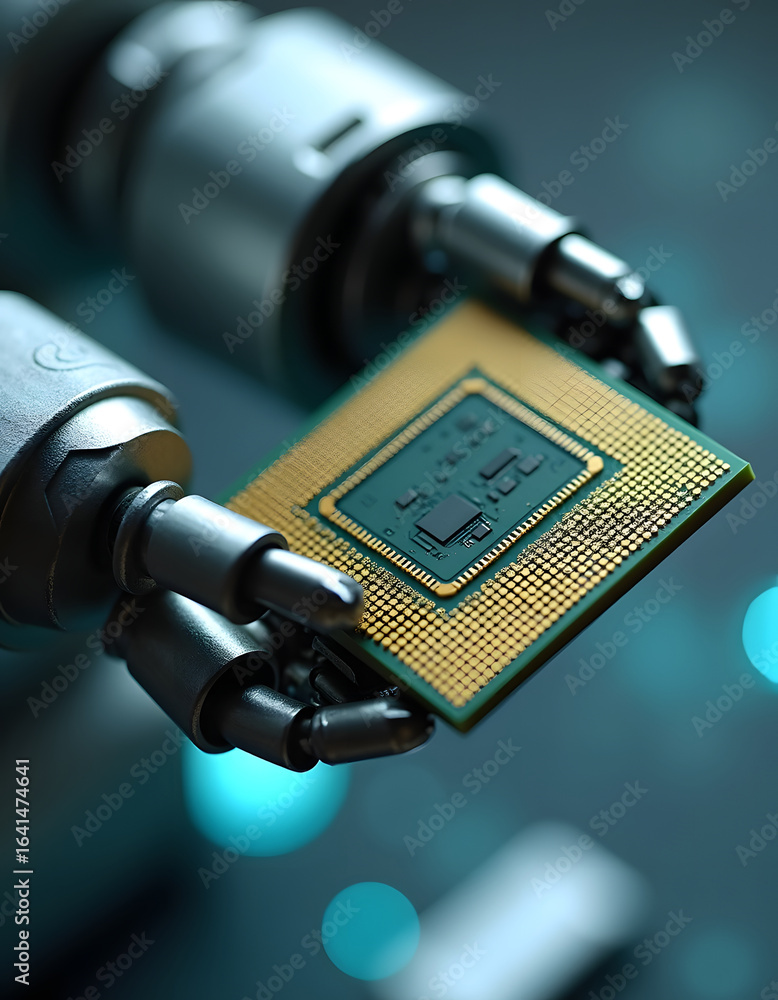 Poster robotic hand holding a computer processor, symbolizing technological advancement and innovation.