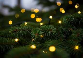 Closeup of green christmas tree branches with warm, glowing bokeh lights, creating a festive and magical holiday atmosphere