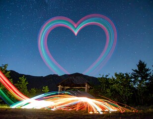 Heart-shaped light trails on starry night