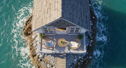 Sunlit Solitude: Aerial View of a Cozy House on a Tiny Rocky Island