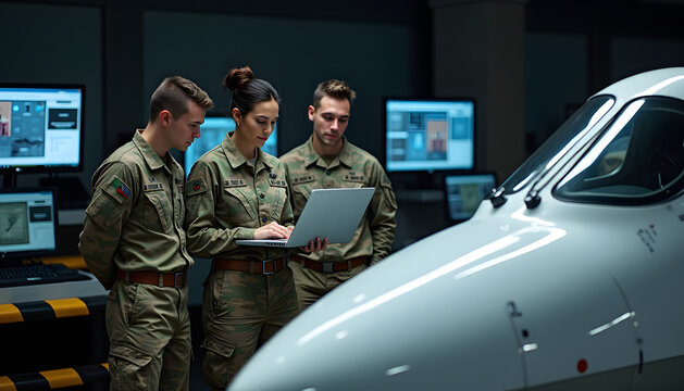 Military officers analyze aircraft data using a laptop in a modern control room setting.